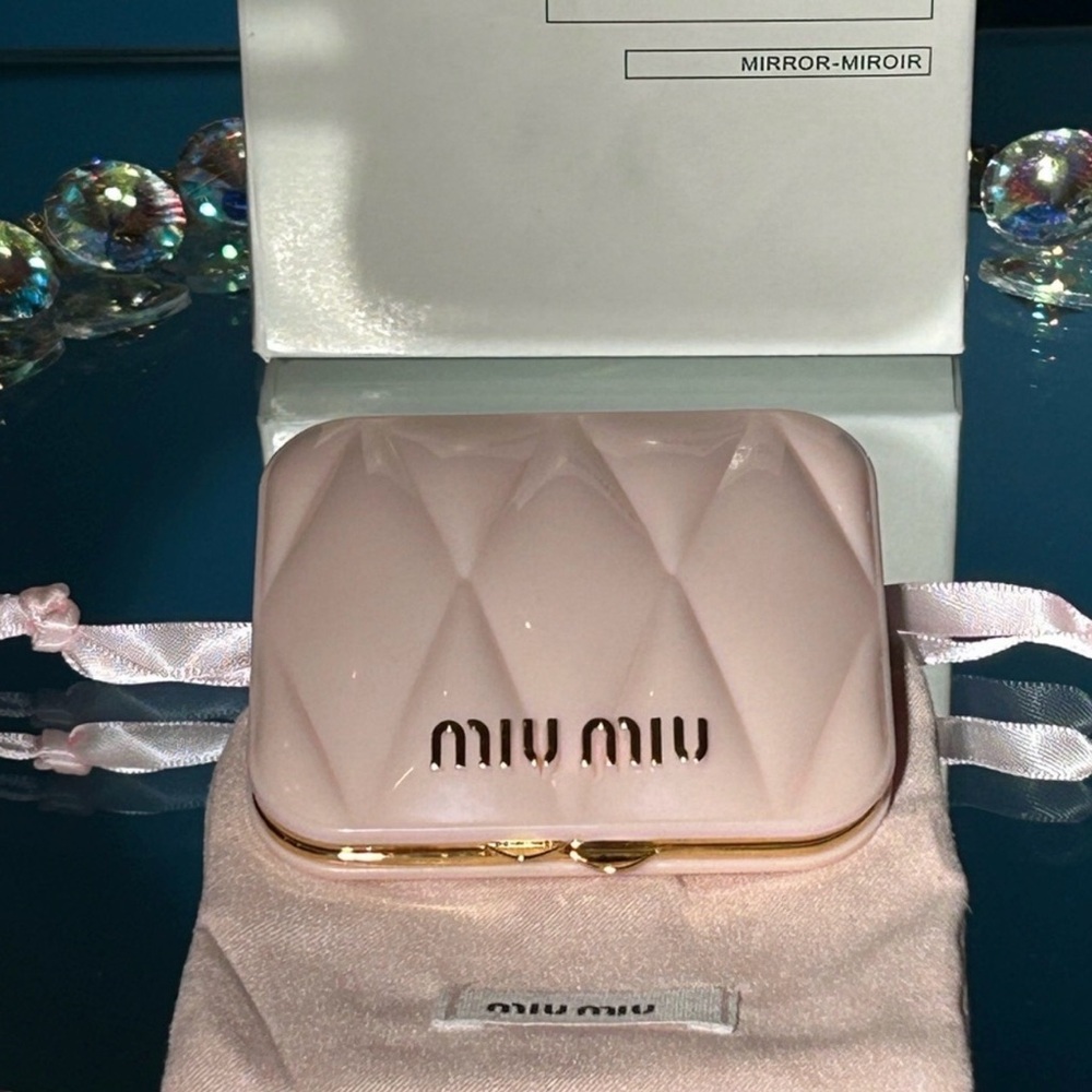 Miu Miu Glossy Quilted Light Pink Compact mirror with Gold Trim